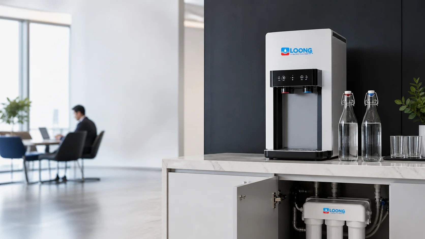 LOONG branded water filtration solution in a commercial pantry