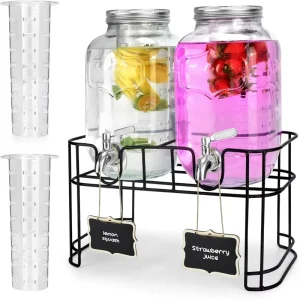 1 Gallon Glass Drink Dispenser 2 Pack with Stand, Stainless Steel Spigot and Ice Cylinder