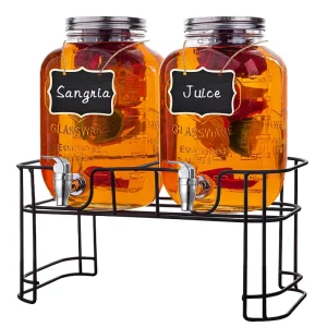 1 Gallon Glass Drink Dispensers 2 Pack Airtight Dishwasher Safe Beverage Stand Juice Iced Tea Jug Water Tea Pitcher Spout