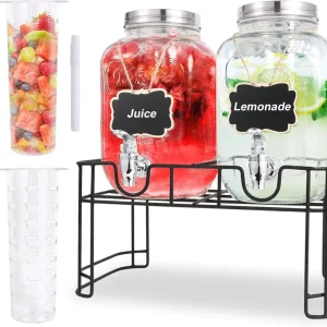 1 Gallon Glass Drink Dispensers 2 Pack Leakproof Stainless Steel Spigot Fruit Infuser & Metal Stand for BBQ Picnic Party Bar