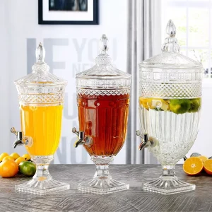1.2-Gallon Embossed Crystal Glass Beverage Dispenser with Spigot for Water, Juice, Cola, and Beer