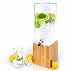 1.25 Gallon Acrylic Beverage Dispenser Machine Juice Dispenser Square Beverage Dispenser with Bamboo Stand