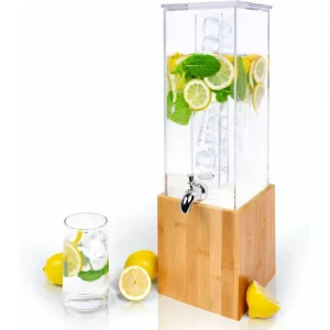 1.25 Gallon Clear Acrylic Beverage Dispenser with Ice Holder and Bamboo Stand