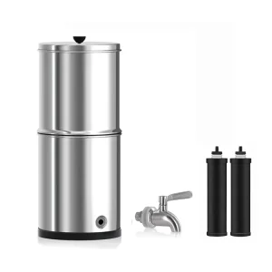 1.5 Gallon Stainless Steel Gravity-Fed Water Filter System with 2 Black Purification Filters and Metal Spigot for Home Camping and Outdoor Use