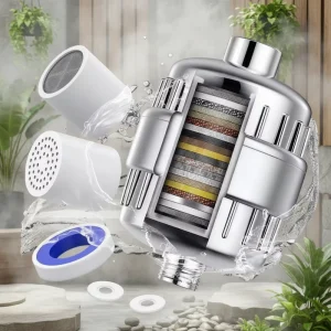 15 Stage Chrome Water Saving Shower Filter 2 Replacement Cartridges Removes Chlorine for Bathroom Shower Head Hard Water