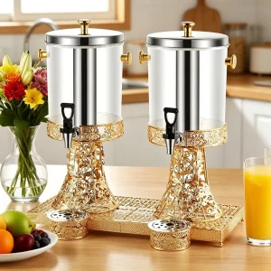 2-Gallon 8L Stainless Steel and Plastic PC Beverage Dispenser with Gold Base and Tap