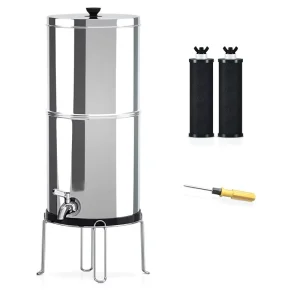 2.25-Gallon Stainless Steel Gravity-Fed Water Filter System for Household, Outdoor, and RV Use with 2 Water Filters