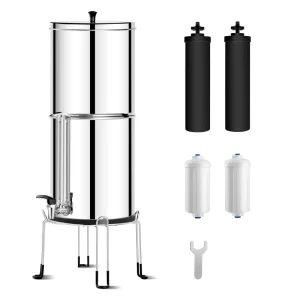 2.25G Stainless Steel Countertop Gravity Water Filter System with 2 Black Elements and 2 Fluoride Filters for RV