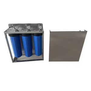 20 Inch Big Blue 3-Stage Whole-House Water Filter System, Grade 304 Stainless Steel Cabinet, 3 Pressure Gauges, NPT/BSP