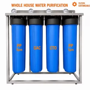 20 Inch Big Blue Whole House Water Filter 4 Stage PP GAC CTO Sediment Cartridge Home Filtration Stainless Steel Stand System