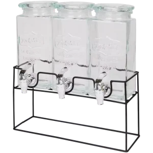 3 Pack Square Glass Drink Dispenser with Faucet and Metal Base Lead-Free Beverage Jars for Catering and Home Use