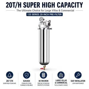304SS Pre-Filter, 10-20 Inch, High-Capacity Water Filter System, 10000-20000 L/H, Pressure Gauge, for Home