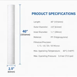 40 Inch PP Cotton Filter Cartridge for Sediment Removal in Industrial Water Filtration Systems