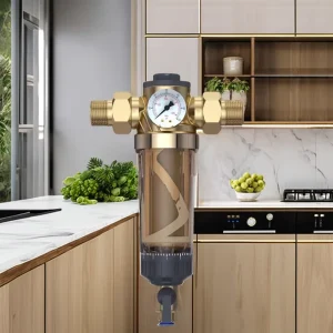 40 Micron 316 Stainless Steel Self Cleaning Whole House Water Pre Filter with Pressure Gauge and Brass Ports
