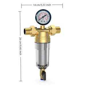 40 Micron Lead Free Brass Whole House Water Pre Filter with Pressure Gauge 316L Stainless Steel Mesh Backwash Spin Down System