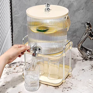 4L/5.5L Ribbed Cold Water Dispenser with Tap Bear Knob Lid and Stand Fruit Tea Juice Bucket for Home Party
