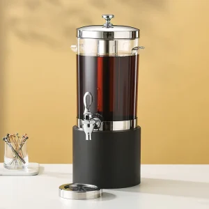 5.8L Black Wood Grain Stainless Steel Beverage and Juice Dispenser with Faucet and Ice Core for Hotel Restaurant Buffet