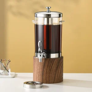 5.8L Dark Brown Wood Grain Stainless Steel Beverage and Juice Dispenser with Faucet and Ice Core for Hotel Restaurant Buffet