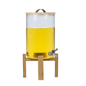 5L Glass Drink Dispenser with Wood Stand and Stainless Steel Faucet Set