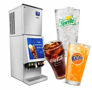 6-Valve Cola Beverage Dispenser with Top-Mounted Ice Maker and Post-Mix Soft Drink Fountain