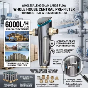 6000L/H Large-Flow Whole House Pre-Filter Cordless Auto-Backwash Sediment Filter Household Outdoor Stainless Steel