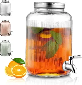 American-Style Clear Glass Drink Dispenser with Stainless Steel Spigot for Fridge and Kitchen Use
