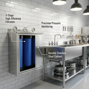 Australia 20″ 3 Stage Stainless Steel Whole House Water Filter System With Pressure Gauges And Enclosure