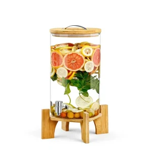BPA-Free Glass Drink Dispenser with Bamboo Lid, Spigot, and Stand for Home, Party, and Outdoor Use