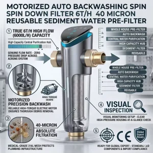 Battery Motorized Automatic Backwash Spin Whole-House Sediment Water Pre-Filter, 6 T/H, 40 Micron, Reusable Stainless Steel