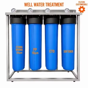 Borehole Well Water Filter System 4-Stage String-Wound PP CTO Resin Cartridge Big Blue Iron Sediment Removal Stainless Steel Frame Stand