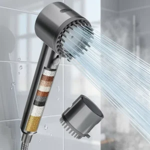 Brushed Chrome High Pressure 6 Spray Mode Wall Mount Showerhead Power Spray Filtered Handheld Water Softener Removes Hard