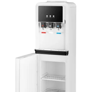China Factory Top Loading Bottled Water Dispenser Glass Standing Water Dispenser with Safety Child Lock with Fridge