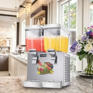 Commercial Canteen Self-Serve 32L Double-Tank Electric Cold Drink Dispenser, Stainless Steel Body, Warm and Cool