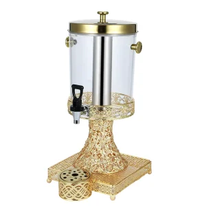 Commercial Double Tank Gold Stainless Steel Juice Dispenser 16L Buffet Beverage Dispenser with Ice Tube for Hotel and Restaurant