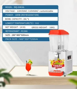 Commercial Food-Safe Plastic Juice Dispenser 16L Electric Dual Tap Drink Cooler Brushed Metal Finish