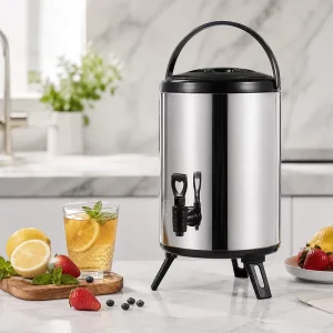 Commercial Stainless Steel Insulated Milk Tea Beverage Dispenser with Tap, Double Wall, 8L, 10L, or 12L