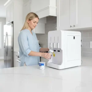 Desktop Water Dispenser with 4-Stage PP GAC UF SAC Filtration 3-Temperature Hot Cold and Warm Water Purifier for Offices