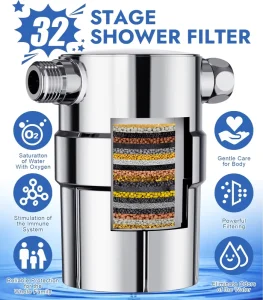 Easy Install 32 Stage Shower Head Filter Polished Chrome for Hard Water High Output Shower Water Filter for Removing