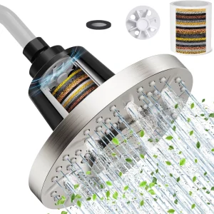 Easy Install Brushed Nickel 7 Inch Anti Clog High Pressure Rain Shower Head 20 Stage Water Filter Removes Chlorine Fluoride