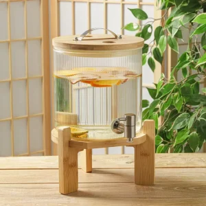 Eco Friendly Borosilicate Glass Drinking Water Dispenser Set Classic Style Bamboo Base Large Capacity for Parties All Season Use