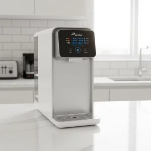 Electric RO Water Filter Dispenser with Hot, Cold, and Warm Water, Plastic Housing, Countertop Design