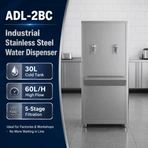 Electric Stainless Steel Cold Water Dispenser with Two Faucets, Floor Standing, for Outdoor and Hotel Use