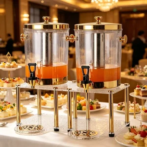 FLEY 8L Acrylic Beverage Dispenser with Self-Service Golden Frame for Iced/Hot Juice, Hotel Restaurant Catering
