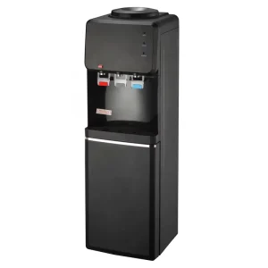 Floor Hot and Cold Water Cooler With Black Housing, Compressor Cooling, and Refrigerator