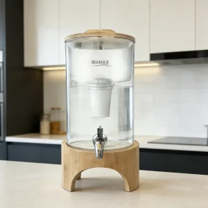 Glass 8L Gravity Countertop Water Filter System with Hollowed out Bamboo Base for Home Office RV and Outdoor Use