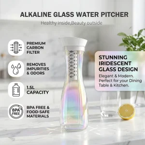Glass Alkaline Water Bottle with Mineralized Filter System and Carbon Fiber Filter