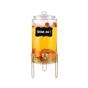 Glass Beverage Dispenser 1 Gallon BPA Free Leak-Proof Jar with Gold Metal Stand Stainless Steel