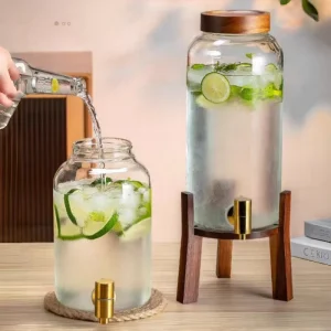Glass Beverage Dispenser Large Capacity Bamboo Lid Stainless Tap for Home Fruit Tea Cold Brew Juice Wine