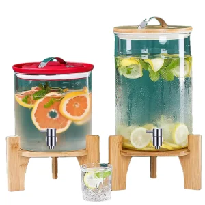 Glass Beverage Dispenser with Bamboo or Wooden Lid and Leak-Proof Faucet for Juice, Iced Tea, and Lemonade