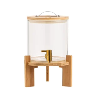 Glass Beverage Dispenser with Stainless Steel Spigot, Lid and Wood Stand for Hot or Cold Drinks